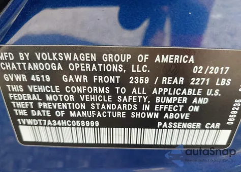 2017 Volkswagen Passat 1.8T R-Line z USA, uszkodzony, nr VIN 1VWDT7A34HC058999